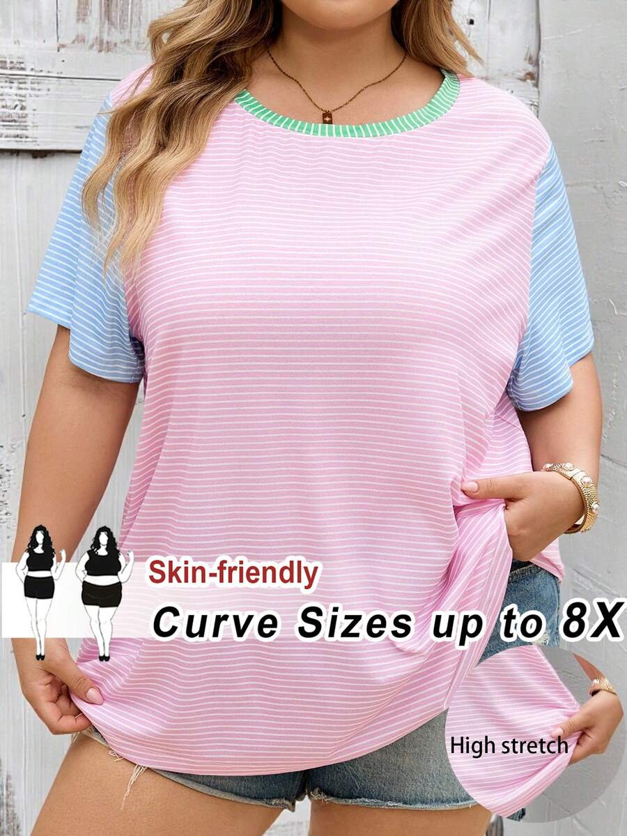 SHEIN CURVE+ Áo thun nữ cỡ lớn CURVE PLUS /Ngày Valentine/Áo thun nữ kẻ sọc lấp lánh và in họa tiết, họa tiết toàn thân, phù hợp cho mùa hè, Ngày Valentine, hoa hồng, trái tim, chấm bi, tình yêu, môi, thần Cupid, hoa 3D. - Nhiều màu - Xem 1