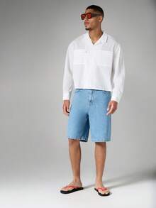 SUMWON Camisa de manga larga ajustada tipo crop con doble bolsillo en el pecho y cuello de solapa, esencial de verano - Blanco - Ver 3
