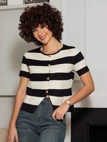 Xuxu's by Gio Women's Contrast Stripe Button Front Short Sleeve Knit Top New Year ,Party,Christmas Summer,Fall,Fall Clothes For Women,Winter Clothes For Women Casual - Apricot - View 4