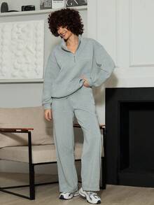 Xuxu's by Gio Oversized Half-Zip Stand Collar Drop Shoulder Long Sleeve Hoodie + Casual Straight Leg Pants Winter - Grey - View 1