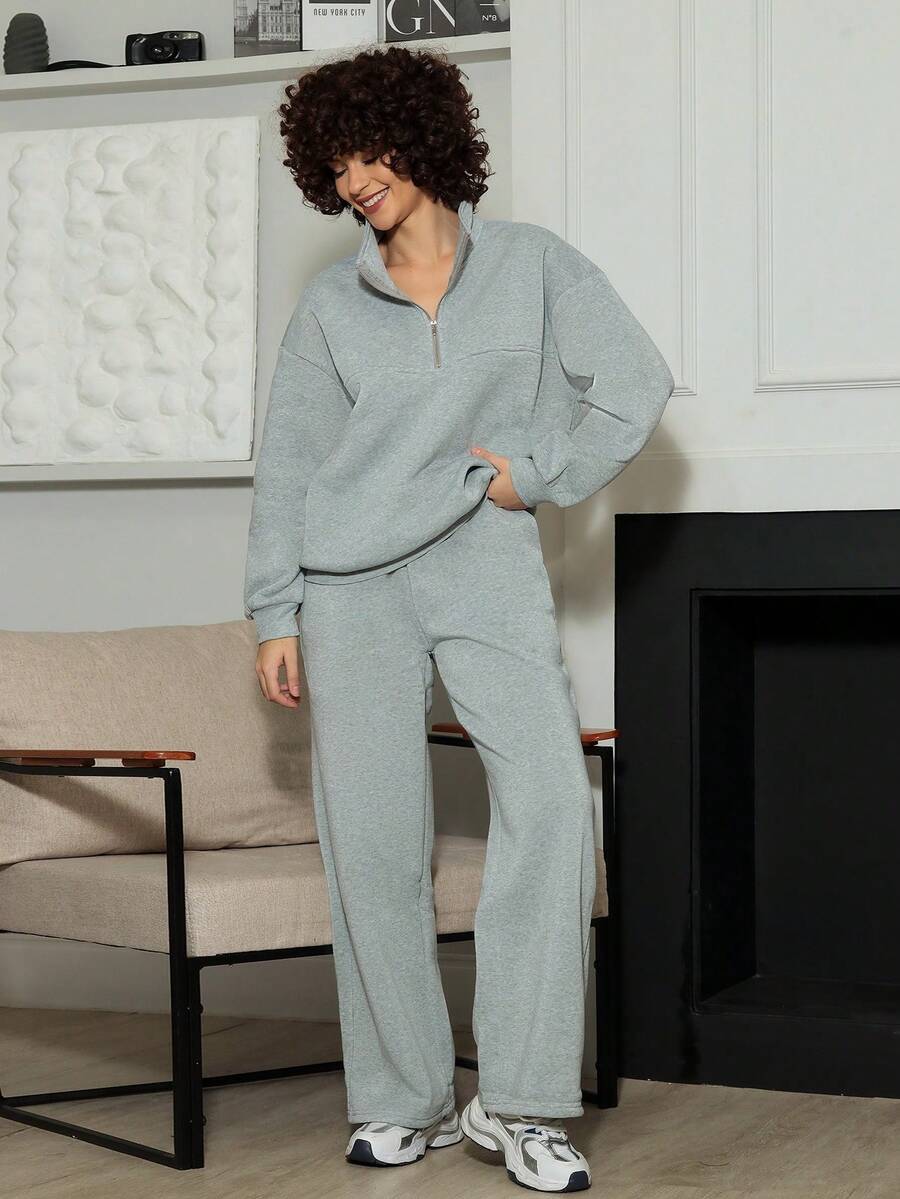 Xuxu's by Gio Oversized Half-Zip Stand Collar Drop Shoulder Long Sleeve Hoodie + Casual Straight Leg Pants Winter - Grey - View 1