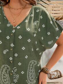 EMERY ROSE Blusa de manga corta con botones y estampado floral para mujer talla grande, estilo boho de verano para vacaciones y días festivos, estilo casual de campo y playa - Verde militar - Ver 7