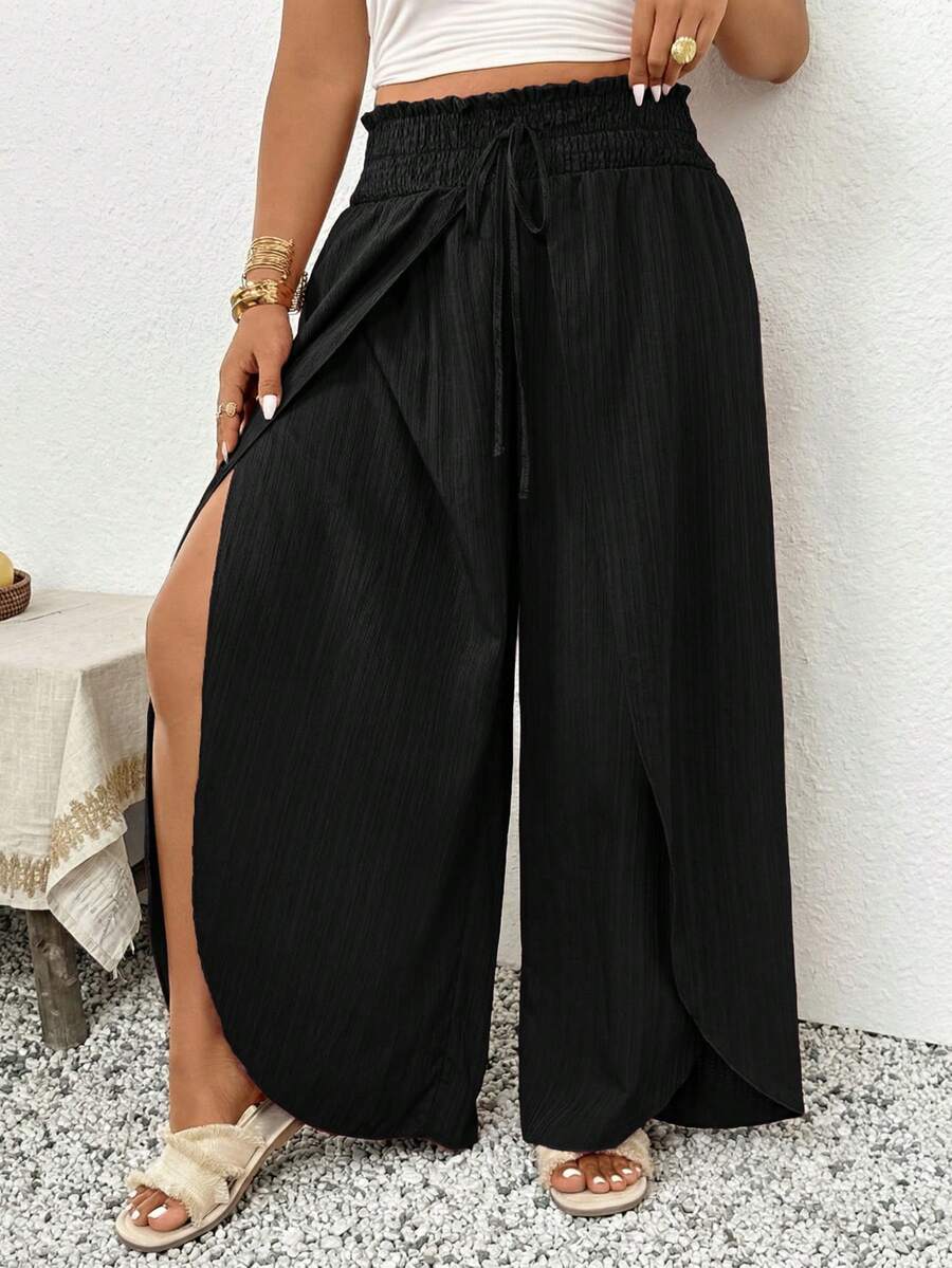 SHEIN Frenchy 大码女式纯色拼接设计休闲百搭日常裤 - 黑色 - 查看 1
