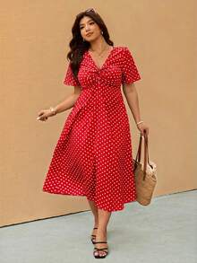 Elaquor Plus Size Polka Dot Print Deep V-Neck Twist Knot Casual Short Sleeve Dress - Red - View 2