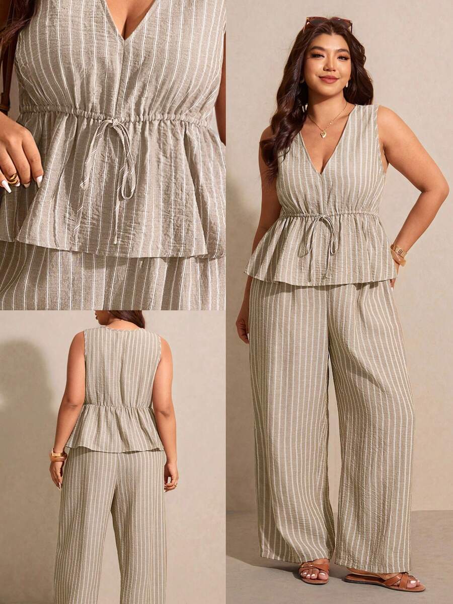 Elaquor Plus Size Casual Vacation Striped Sleeveless A-Line Shirt And Straight Leg Casual Pants 2 Pieces Set - Apricot - View 1