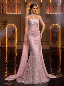 Aureia Women's Strapless Rhinestone Decor Ruched Waist Elegant Evening Gown - Dusty Pink - View 7
