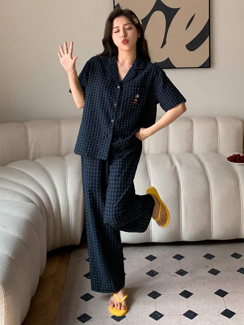 Tall Women's Plaid Collared Short Sleeve Shirt And Plaid Pants Set, Comfortable Casual Embroidered 2 Pieces Outfit Lounge Sets For Women