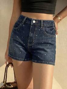DAZY Women's Summer Rhinestone Embellished Super Short Jeans Shorts, Fitted & Sexy Vacation Outfits Women - Dark Wash - View 2