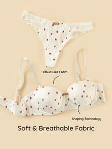 Bralution Conjunto de lencería de 2 piezas de sujetador con aros y pantis con estampado de fresa y encaje, ropa interior, estilo kawaii - Blanco - Ver 2