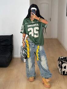 Coolane 女款夏季復古街頭運動風數位印花寬鬆棒球T恤 - 橄欖綠 - 查看 2