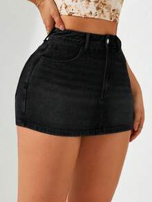 SHEIN ICON 大码女式休闲度假浅蓝色牛仔短裙 - 黑色 - 查看 3