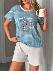 EURMUSE Damen Baumwolle 2-teiliges Kontrast-Farbband mit Cartoon Koala Muster gestreiftes Kurzarm Shirt & einfarbige Shorts Homewear Komfort Pyjama Set - Verschiedenfarbig - Übersicht 4