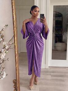 SHEIN Lady CURVE Plus Size Elegant Party Glitter Twist Waist Purple Dress Spring Summer Dress Party Dress Wedding Guest Dress For Women Birthday Dress  Elegant Dresses For Women Vacation Sparkly Dress Spring/Summer Dress  Party Dress  Wedding Guest Dress For Women  Birthday Dress  Elegant Dresses For Women Sparkly Dress Twist Front Dress Purple Elegant Dress Women - Purple - View 5