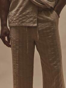 Musero Pantalones rectos con cintura con cordón elástico y botón, con textura de rayas, esenciales de primavera/verano - Albaricoque - Ver 5