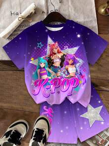 少女卡通人物、K-Pop巨星图案、彩色渐变印花短袖T恤和短裤两件套，夏季 - 彩色 - 查看 3