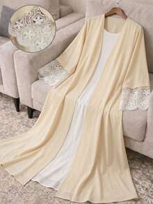 Veilorie Women's Elegant Patchwork Water-Soluble Lace Front Open Abaya Robe - Yellow - View 10