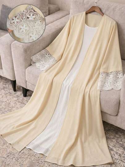 Veilorie Áo Abaya nữ thanh lịch, phối ren tan trong nước, kiểu dáng mở phía trước.