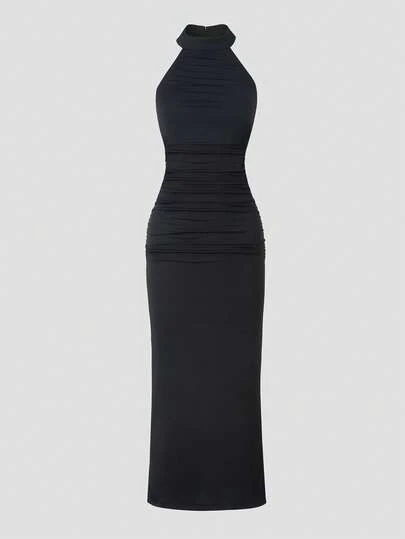 Vestido de cuello halter con pliegues de moda para adolescentes, adecuado para viajes y vacaciones