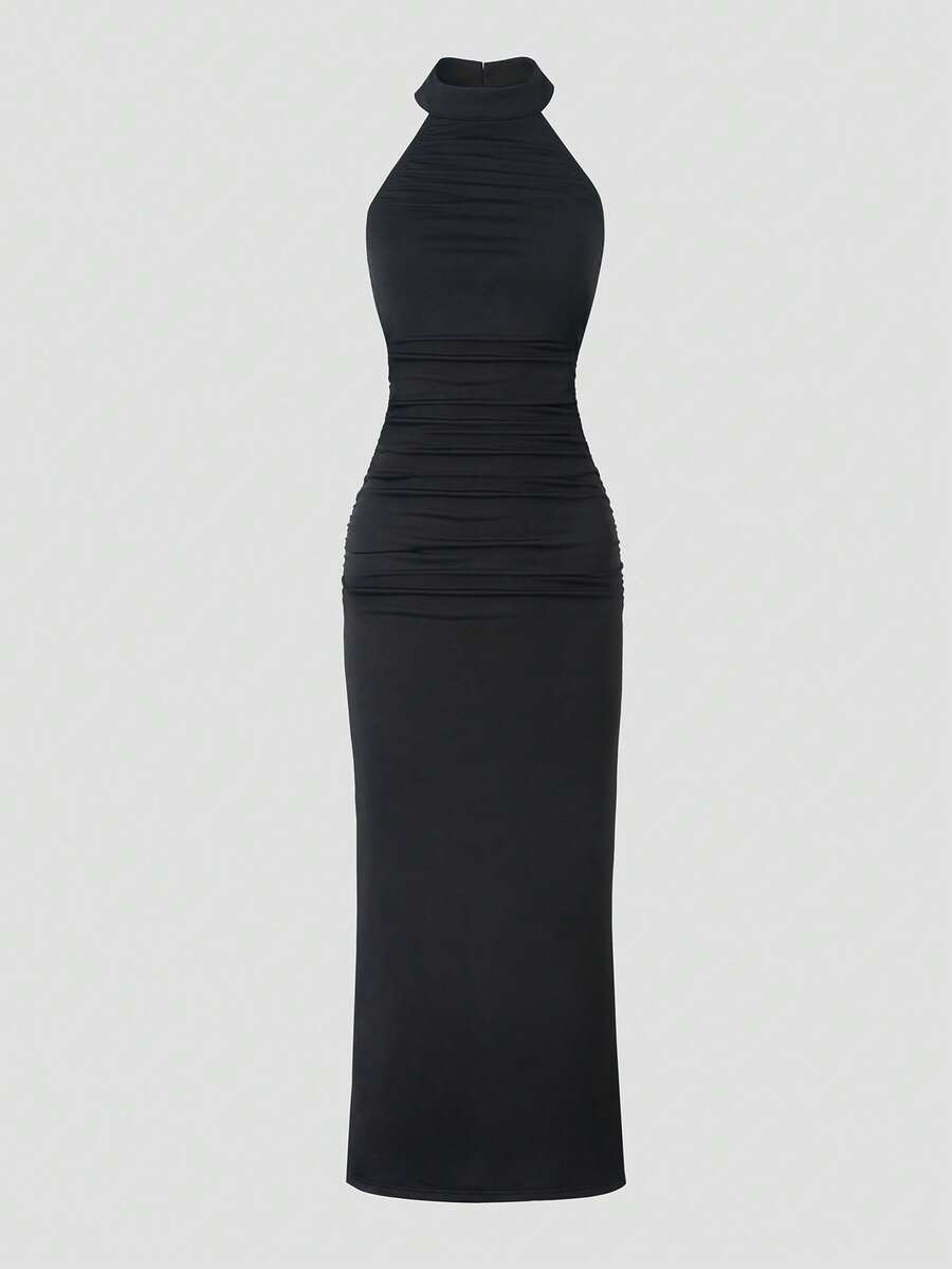 Vestido de cuello halter con pliegues de moda para adolescentes, adecuado para viajes y vacaciones - Negro - Ver 1