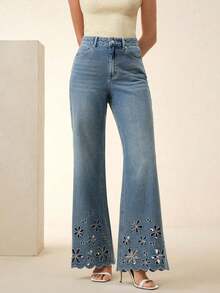 Anewsta Jeans azules con detalles elegantes de bordado y corte calado, con bolsillos, para mujer - Azul - Ver 5