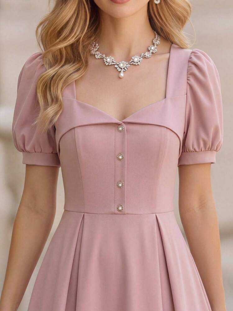 Middle-Aged & Elderly Women's Elegant Party Solid Color Petal Sleeve Dress,Summer Dress,Festival Outfit Women,Going Out Dress,Elegant Dresses For Women, Ruffle Dress ,Pink Dres