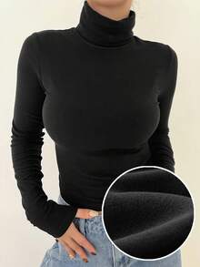 DAZY Solid High Neck Tee Long Sleeve Women Tops - Black - View 1