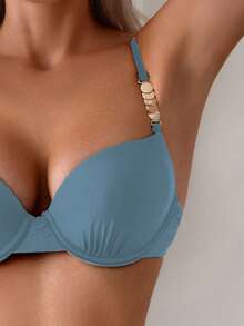 Swim SXY Women's Summer Beach Solid Color Ruched Bikini And Triangle Panty Swimwear Set - Dusty Blue - View 6