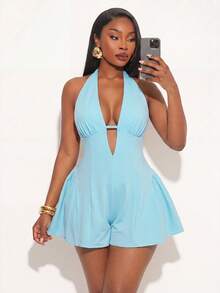 Radiana Plus Size Women's Solid Color Deep V-Neck Halter Romper Vacation Blue Summer - Blue - View 5