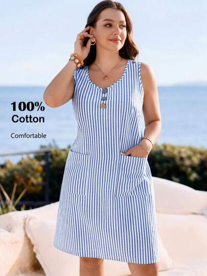 Rosumi Vestido corto de verano casual de vacaciones sin mangas con rayas azules y blancas y bolsillos para mujer de talla grande