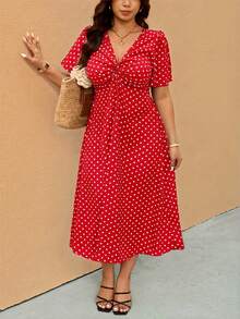 Elaquor Plus Size Polka Dot Print Deep V-Neck Twist Knot Casual Short Sleeve Dress - Red - View 1