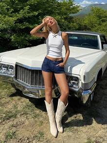 SHEIN EZwear 女士蓝色条纹低腰牛仔短裤，夏季 - 深色水洗藍 - 查看 4