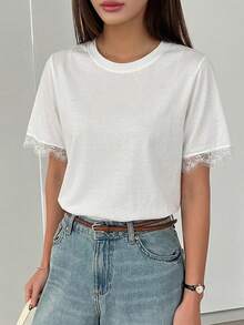 DAZY Camiseta casual y elegante de mujer con cuello redondo, puños de encaje y corte holgado - Blanco - Ver 8
