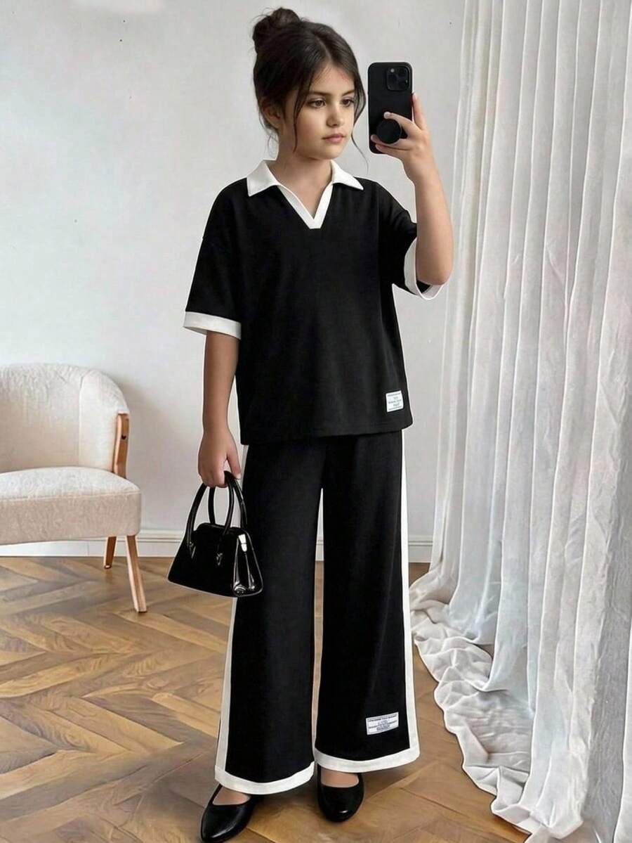 少女休闲日常舒适Polo领撞色滚边两件套 - 黑色 - 查看 1