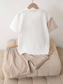 SHEIN 2pcs/Set Tween BoyCasual Striped Texture Shirt & Shorts Set, Comfortable Fashionable Outfit - Khaki - View 2