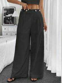 SHEIN Unity 2pcs Women's Round Neck Sleeveless Fashionable Fitted Top And Button Up Relaxed Fit Pants Set - Black - View 3