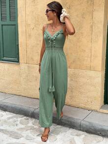 Serisse Women's Solid Color Tassel Design Casual Jumpsuit Pants For Daily Wear - Green - View 4