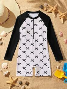 Tween Girl Bow Print Raglan Sleeve One-Piece Swimsuit With Shorts - White - View 1