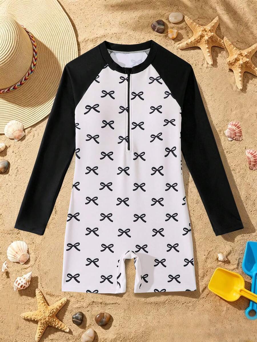 Tween Girl Bow Print Raglan Sleeve One-Piece Swimsuit With Shorts - White - View 1