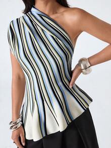 LYSMO Women's Contrast Stripe Asymmetric Knit Sweater - Multicolor - View 4