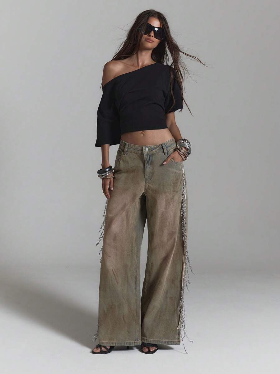 MUSERA Quần jeans denim ống đứng cạp thấp, chi tiết dây buộc, kiểu dáng gợi cảm, thích hợp cho mùa hè, mùa xuân, lễ hội, kỳ nghỉ, đi chơi. - Nhiều màu - Xem 1