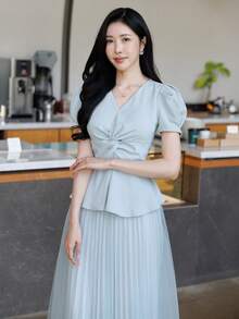 DAZY 女士休闲优雅短袖V领上衣长裙两件套，春夏款 - 綠色 - 查看 7