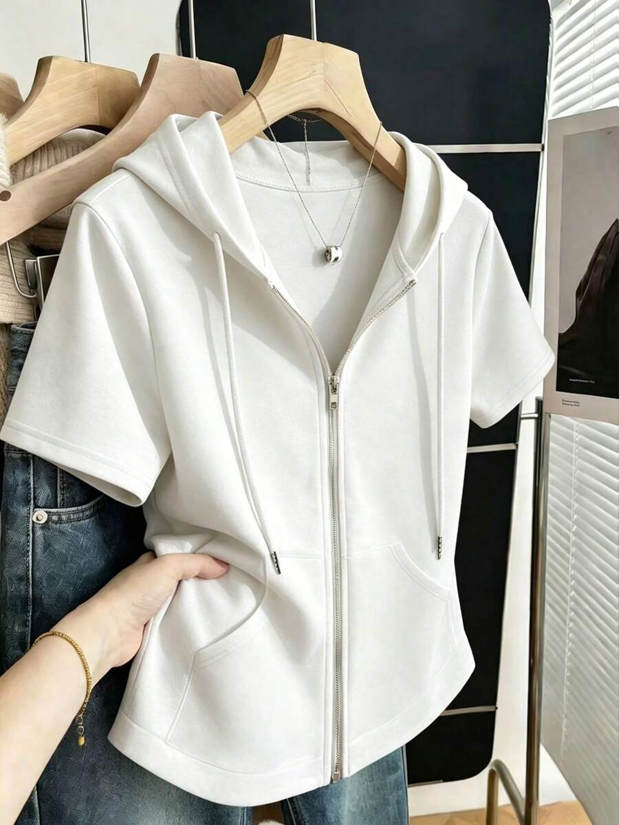 Franclia Sweatshirt Wanita Kasual Sehari-hari Minimalis Warna Polos Lengan Pendek dengan Resleting dan Tali Serut - Putih - View 1