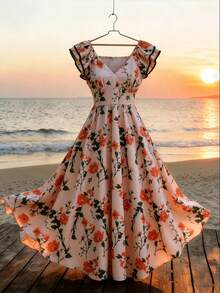 GlowEve Women's Elegant Floral Print V-Neck Ruffle Sleeve Maxi Dress, Vacation Style, Spring/Summer - Multicolor - View 1