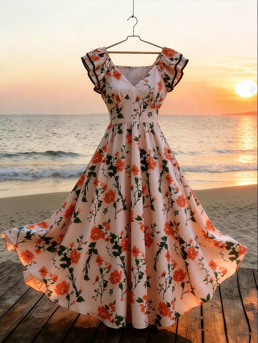 GlowEve Women's Elegant Floral Print V-Neck Ruffle Sleeve Maxi Dress, Vacation Style, Spring/Summer - Multicolor - View 1