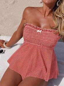Swim Mod 2pcs Digital Print Crop Top And Triangle Bikini Bottom Set, Fashionable And Elegant Camisole And Swimwear - Multicolor - View 3
