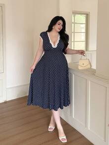 Vibekara Plus Size Polka Dot Lace V-Neck Dress, Spring/Summer - Navy Blue - View 5