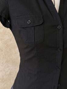 Attitoon Women's Spring/Summer Breathable Slim Fit Shirt, Short Sleeve Collared Button Down, Versatile Top - Black - View 5