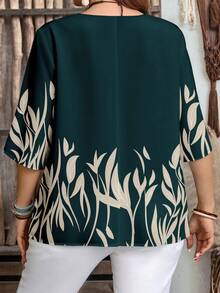 EMERY ROSE Plus Size Plant Print Casual Business Casual Traditional Shirt Suitable For Summer Vacation Dark Green - Green - View 2
