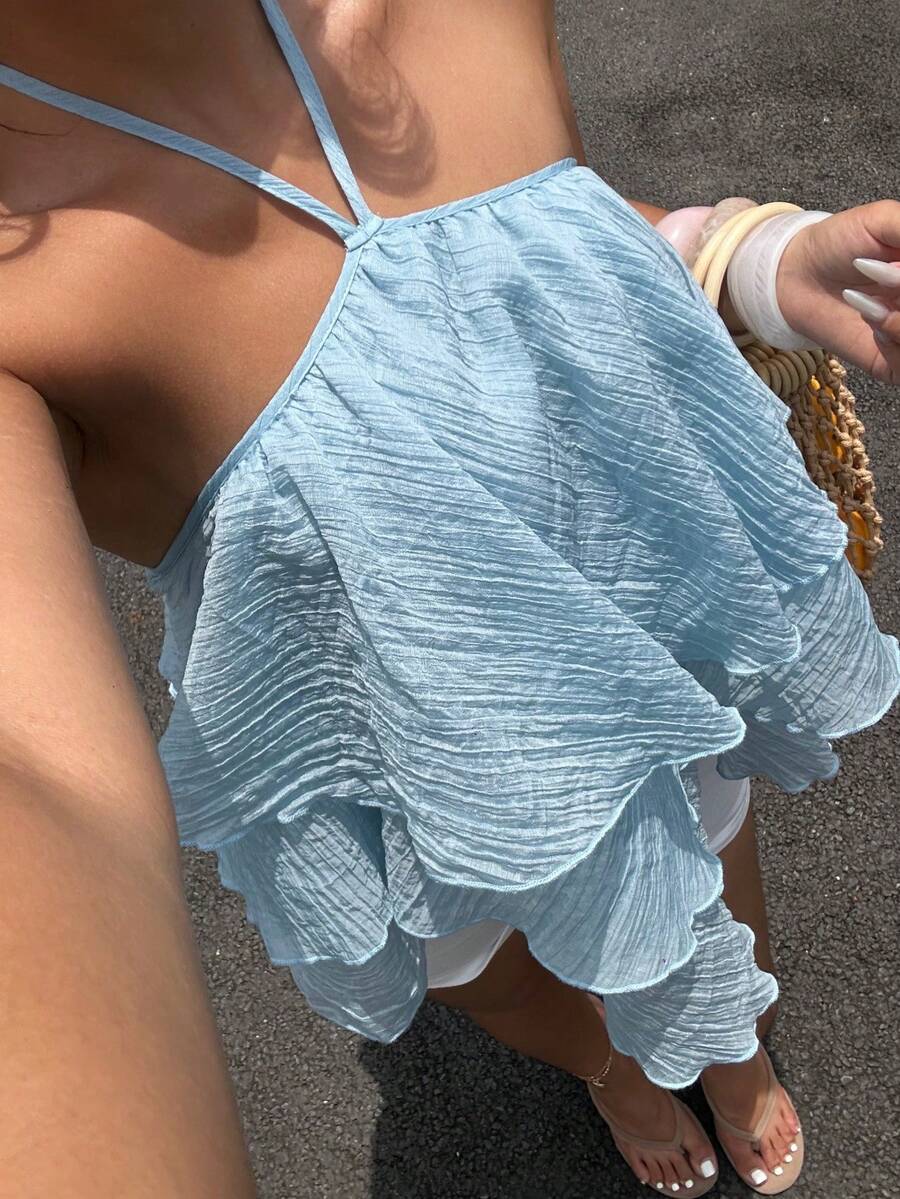 Sunnyshic 大码女式纯色吊带休闲百搭日常上衣 - 藍色 - 查看 1
