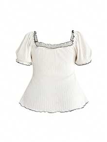 ROMWE Plus Size Women Summer Bow Tie Petal Sleeve Ruffle Textured Apricot Blouse - Apricot - View 2